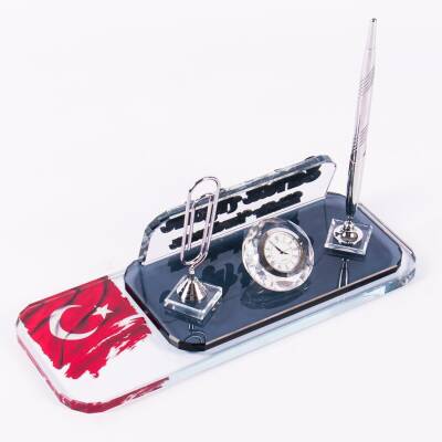 Türk Bayrağı Motifli Gümüş Ataçlı Kalemli Saatli Masa İsimliği Ofis Hediyesi Masaüstü İsimlik Seti - 2