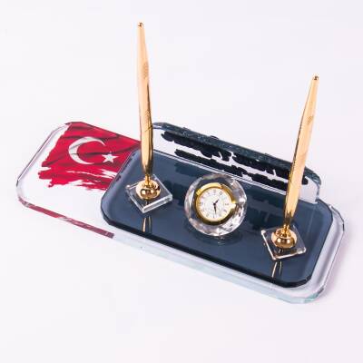 Türk Bayrağı Motifli Masa İsimliği Altın Renk Kalemli Kristal Masa İsimlik Ofis Hediyesi - 4