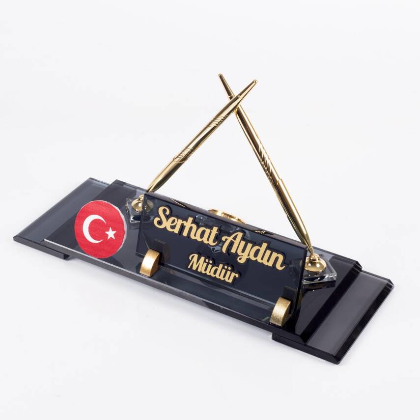 Türk Bayraklı Masa İsimliği Bayrak Logolu Elit Kristal Ofis Masaüstü İsimlik - 1