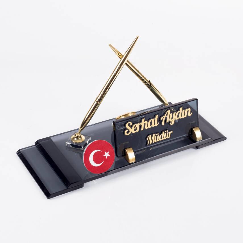 Türk Bayraklı Masa İsimliği Bayrak Logolu Elit Kristal Ofis Masaüstü İsimlik - 2