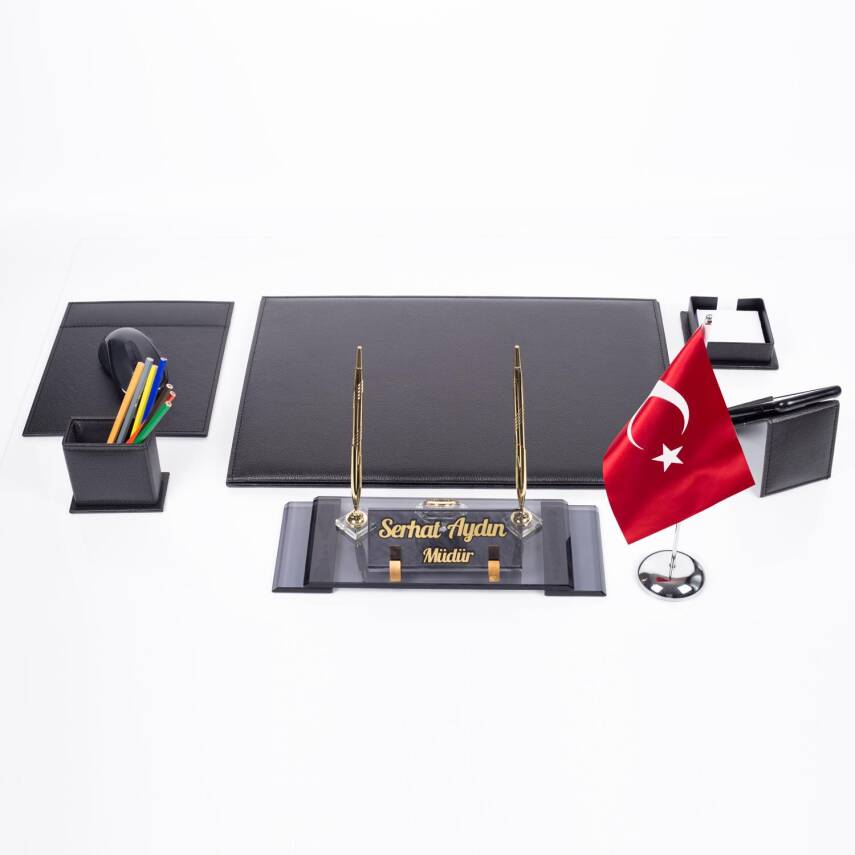 Varta Türk Bayraklı Deri Sümen Takımı Kristal Ofis Masa İsimliği Hediyesi Resmi Makam Takımı - 2