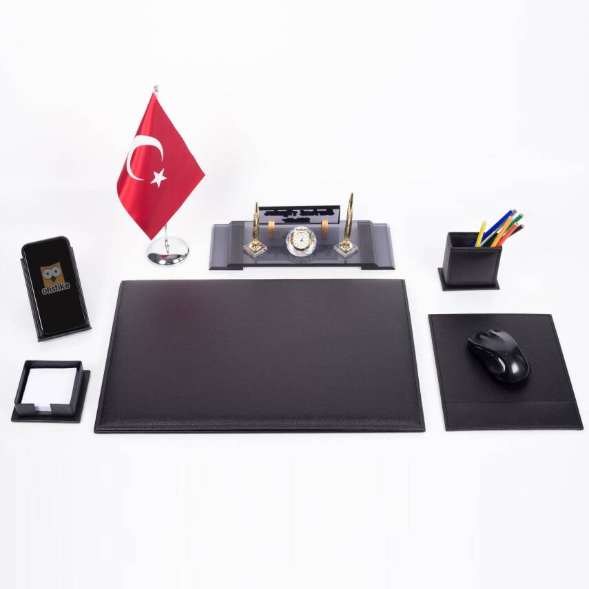 Varta Türk Bayraklı Deri Sümen Takımı Kristal Ofis Masa İsimliği Hediyesi Resmi Makam Takımı - 3