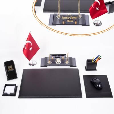 Varta Türk Bayraklı Deri Sümen Takımı Kristal Ofis Masa İsimliği Hediyesi Resmi Makam Takımı - 5