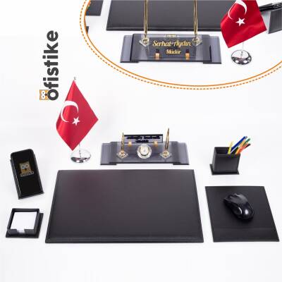 Varta Türk Bayraklı Deri Sümen Takımı Kristal Ofis Masa İsimliği Hediyesi Resmi Makam Takımı 