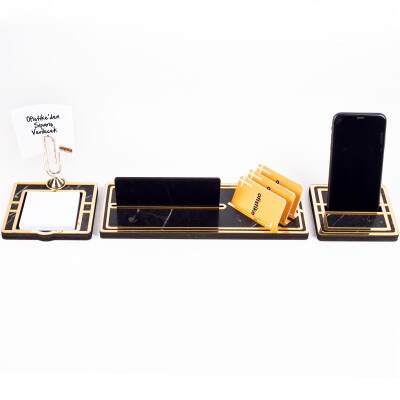Vega Gold Çerçeveli Mermer Desenli Ataçlı Hediye Masa İsimliği Ahşap Masa Seti Ofis Masaüstü İsimlik - 2