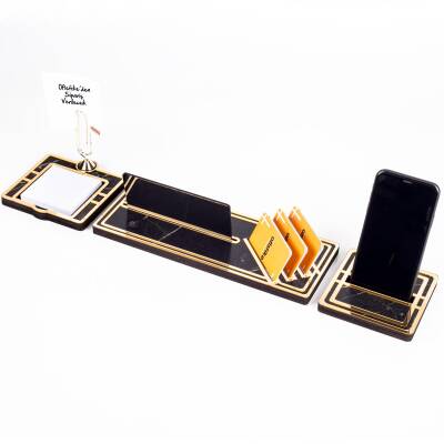 Vega Gold Çerçeveli Mermer Desenli Ataçlı Hediye Masa İsimliği Ahşap Masa Seti Ofis Masaüstü İsimlik - 3