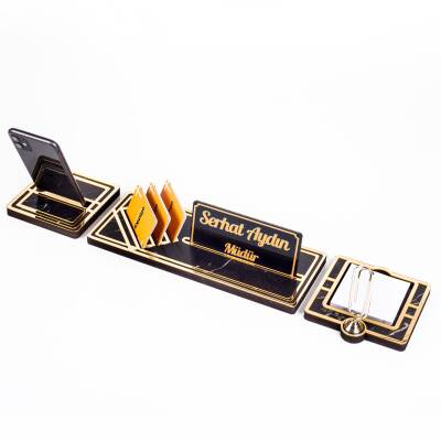 Vega Gold Çerçeveli Mermer Desenli Ataçlı Hediye Masa İsimliği Ahşap Masa Seti Ofis Masaüstü İsimlik - Ofistike