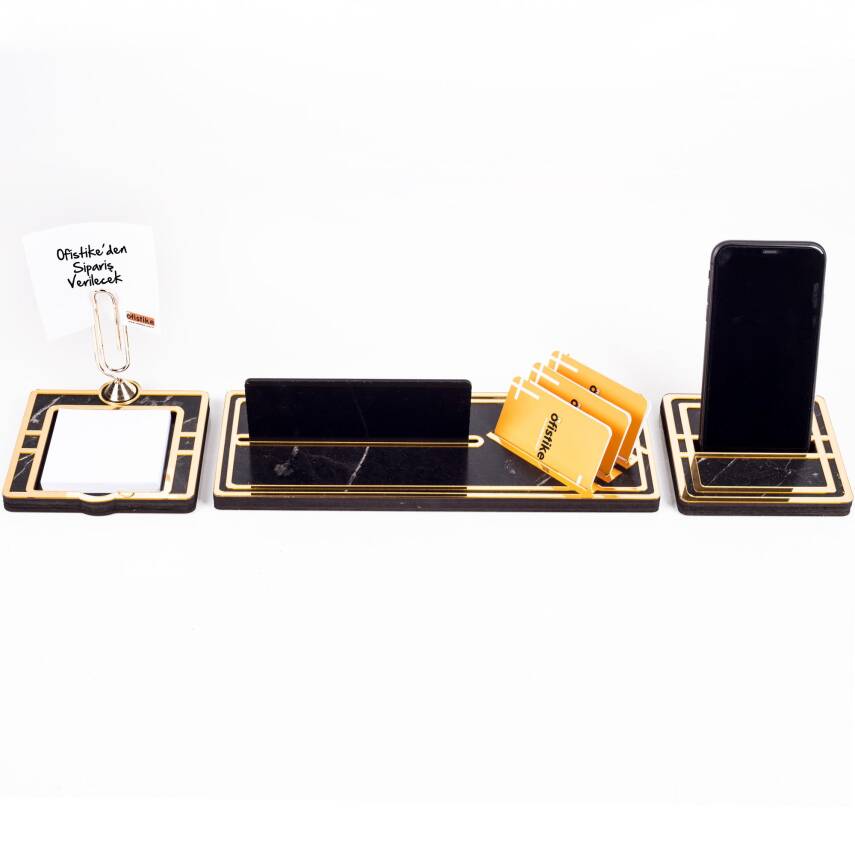 Vega Gold Çerçeveli Mermer Desenli Ataçlı Hediye Masa İsimliği Ahşap Masa Seti Ofis Masaüstü İsimlik - 2