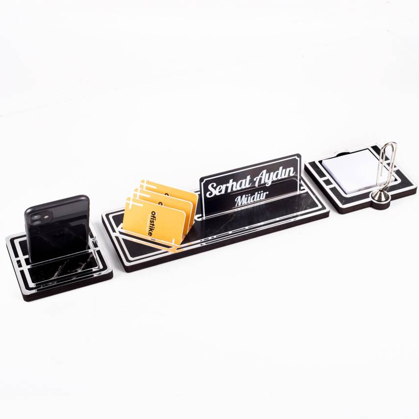 Vega Gümüş Çerçeveli Ataçlı Hediye Masa İsimliği Mermer Desenli Ahşap Masa Seti Ofis Masa İsimlik - 2