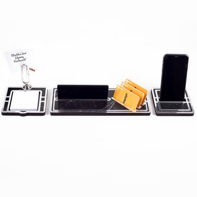 Vega Gümüş Çerçeveli Ataçlı Hediye Masa İsimliği Mermer Desenli Ahşap Masa Seti Ofis Masa İsimlik - 3