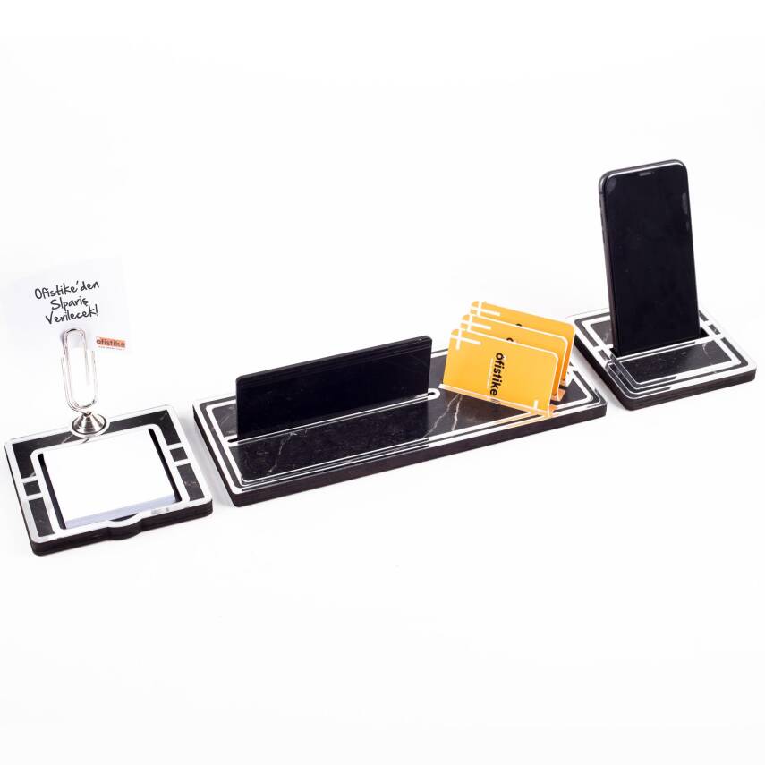 Vega Gümüş Çerçeveli Ataçlı Hediye Masa İsimliği Mermer Desenli Ahşap Masa Seti Ofis Masa İsimlik - 4