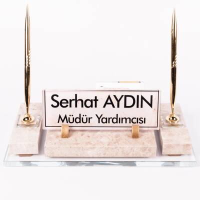 Velar Bej Mermer İsimlik Krem Desenli Lüks Makam Masa İsimliği - 3