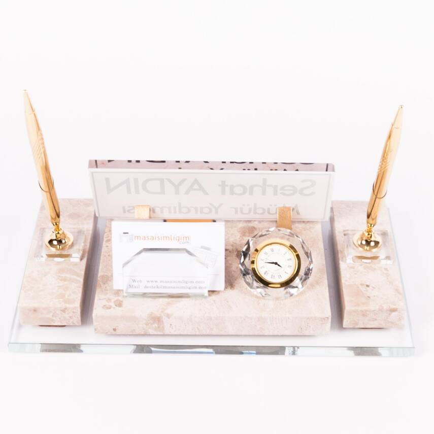 Velar Bej Mermer İsimlik Krem Desenli Lüks Makam Masa İsimliği - 4