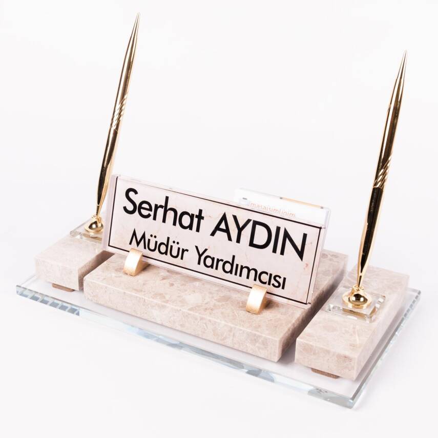 Velar Bej Mermer İsimlik Krem Desenli Lüks Makam Masa İsimliği - 1