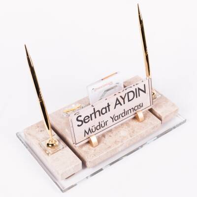 Velar Bej Mermer İsimlik Krem Desenli Lüks Makam Masa İsimliği - 2