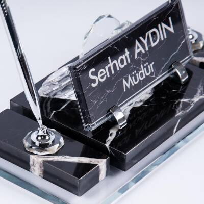 Velar Mermer İsimlik Siyah Premium Ofis Mermer Masa İsimliği - Ofistike