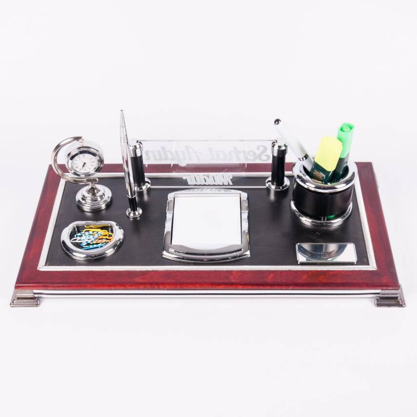 Venedik Masa İsimliği Ofis Masaüstü İsimlik Seti Lüks Ahşap Detaylı Saatli Ofis Masa Organizer - 2