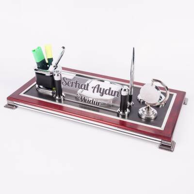 Venedik Masa İsimliği Ofis Masaüstü İsimlik Seti Lüks Ahşap Detaylı Saatli Ofis Masa Organizer - 4