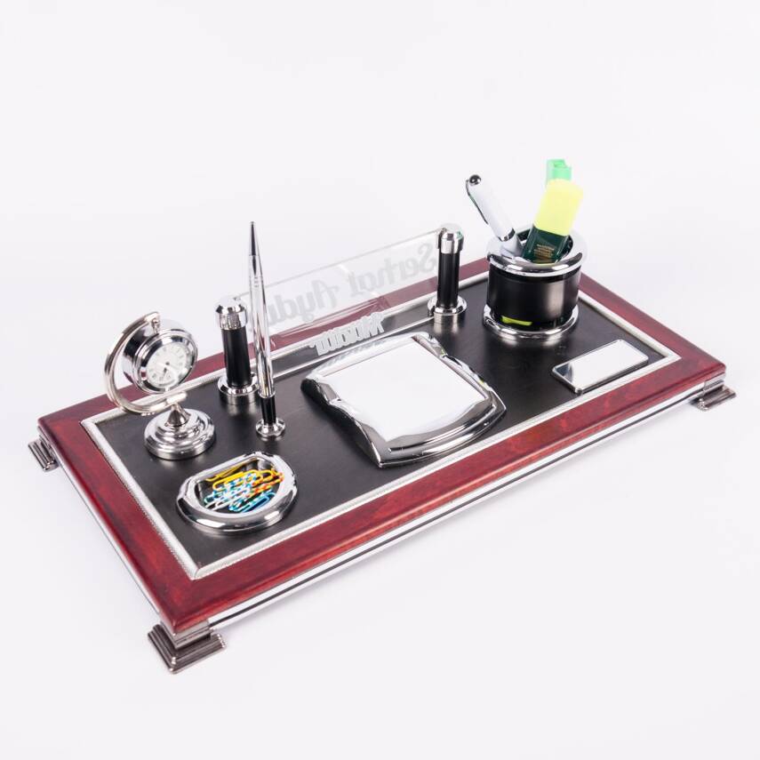 Venedik Masa İsimliği Ofis Masaüstü İsimlik Seti Lüks Ahşap Detaylı Saatli Ofis Masa Organizer - 1