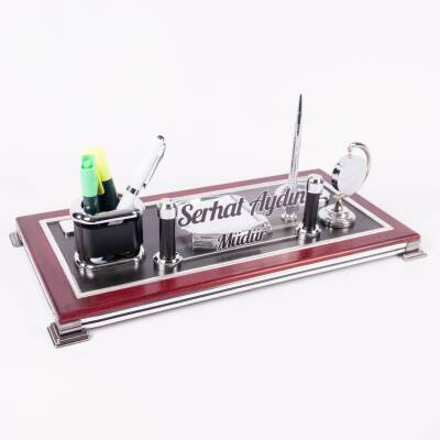 Venedik Masa İsimliği Ofis Masaüstü İsimlik Seti Lüks Ahşap Detaylı Saatli Ofis Masa Organizer - 3