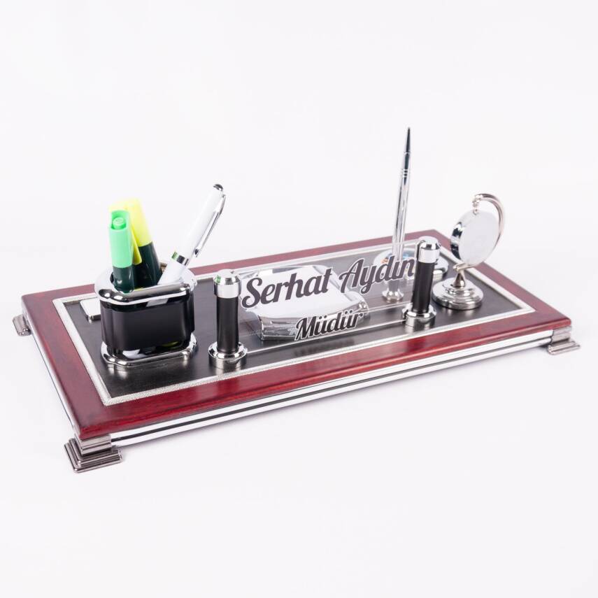 Venedik Masa İsimliği Ofis Masaüstü İsimlik Seti Lüks Ahşap Detaylı Saatli Ofis Masa Organizer - 3