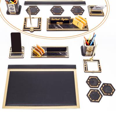 Venüs Altın Varaklı Kalemli Sümen Takımı Gold Ahşap Kalemlik Seti Masa İsimliği Bardak Altlığı - Ofistike