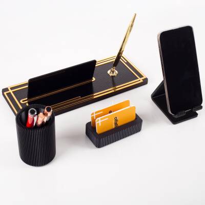 Vera Kalemlikli Gold Ahşap Masa İsimliği Seti Çizgi Desenli Hediye Ofis Dekoratif Masa üstü İsimlik - 2