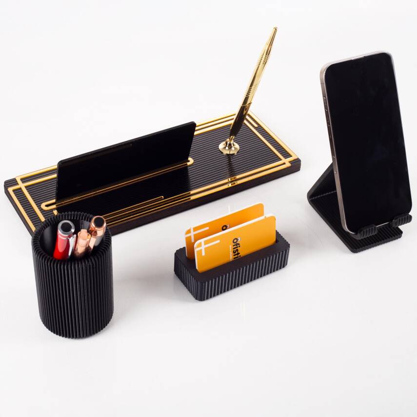 Vera Kalemlikli Gold Ahşap Masa İsimliği Seti Çizgi Desenli Hediye Ofis Dekoratif Masa üstü İsimlik - 2