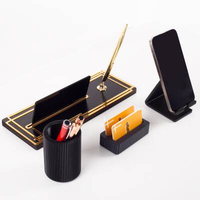 Vera Kalemlikli Gold Ahşap Masa İsimliği Seti Çizgi Desenli Hediye Ofis Dekoratif Masa üstü İsimlik - 3