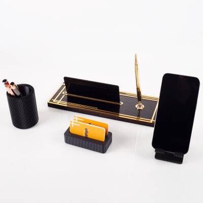 Vera Kalemlikli Gold Ahşap Masa İsimliği Seti Çizgi Desenli Hediye Ofis Dekoratif Masa üstü İsimlik - 4