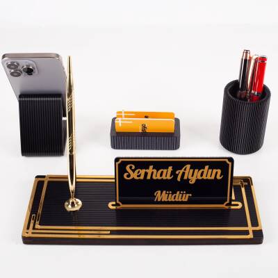 Vera Kalemlikli Gold Ahşap Masa İsimliği Seti Çizgi Desenli Hediye Ofis Dekoratif Masa üstü İsimlik - 5