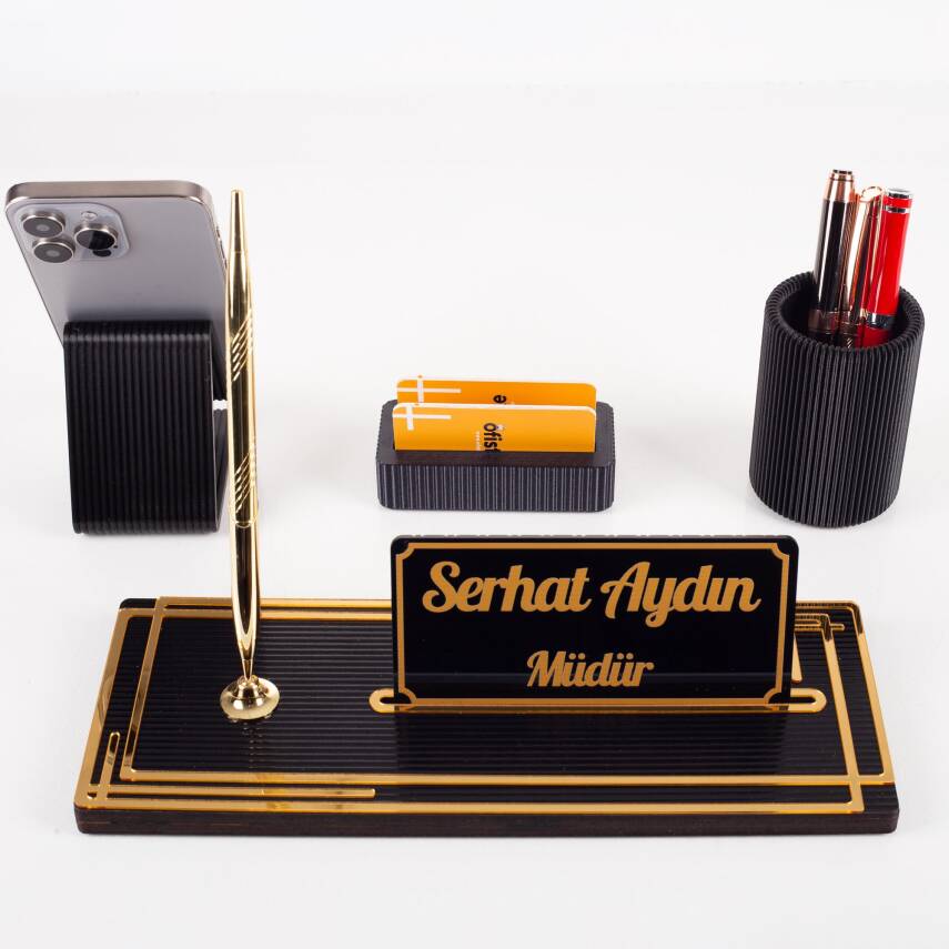 Vera Kalemlikli Gold Ahşap Masa İsimliği Seti Çizgi Desenli Hediye Ofis Dekoratif Masa üstü İsimlik - 5