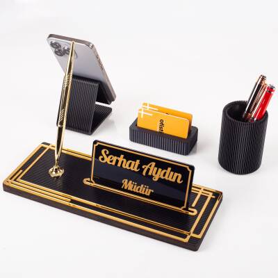 Vera Kalemlikli Gold Ahşap Masa İsimliği Seti Çizgi Desenli Hediye Ofis Dekoratif Masa üstü İsimlik 