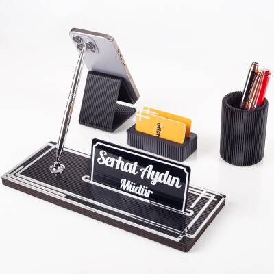 Vera Kalemlikli Gümüş Ahşap Masa İsimliği Seti Çizgi Desenli Hediye Ofis Dekoratif Masa üstü İsimlik - Ofistike