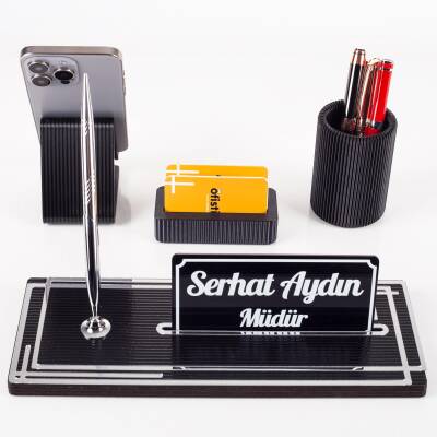 Vera Kalemlikli Gümüş Ahşap Masa İsimliği Seti Çizgi Desenli Hediye Ofis Dekoratif Masa üstü İsimlik - 2