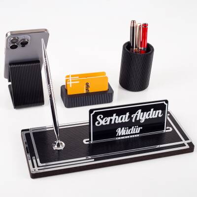 Vera Kalemlikli Gümüş Ahşap Masa İsimliği Seti Çizgi Desenli Hediye Ofis Dekoratif Masa üstü İsimlik - 3