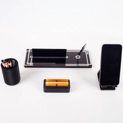 Vera Kalemlikli Gümüş Ahşap Masa İsimliği Seti Çizgi Desenli Hediye Ofis Dekoratif Masa üstü İsimlik - 5