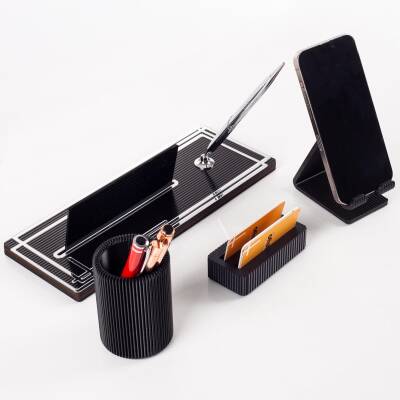 Vera Kalemlikli Gümüş Ahşap Masa İsimliği Seti Çizgi Desenli Hediye Ofis Dekoratif Masa üstü İsimlik - 6