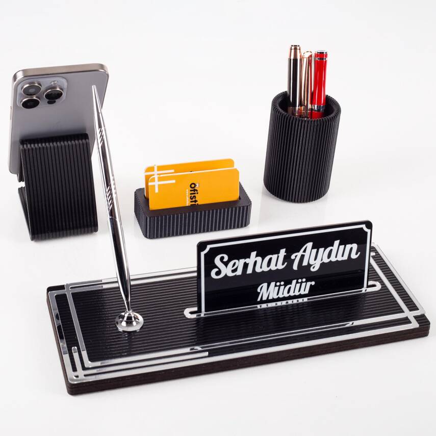 Vera Kalemlikli Gümüş Ahşap Masa İsimliği Seti Çizgi Desenli Hediye Ofis Dekoratif Masa üstü İsimlik - 3