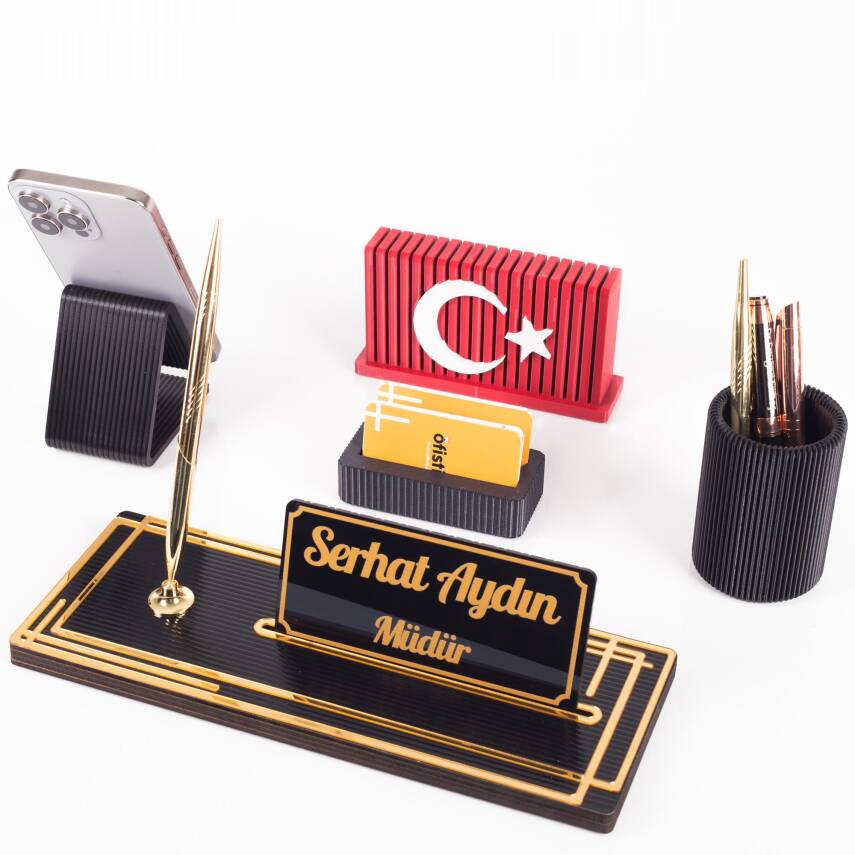 Vera Türk Bayraklı Gold Ahşap Masa İsimliği Seti Çizgi Desen Hediye Ofis Dekoratif Masaüstü İsimlik - 3