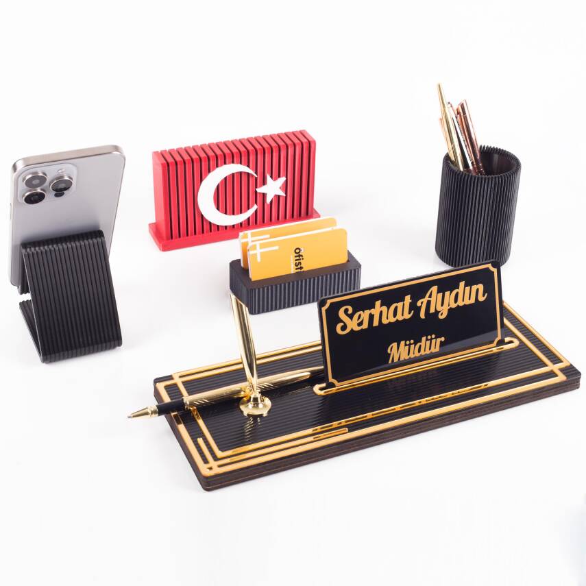 Vera Türk Bayraklı Gold Ahşap Masa İsimliği Seti Çizgi Desen Hediye Ofis Dekoratif Masaüstü İsimlik - 1