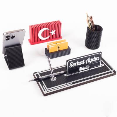 Vera Türk Bayraklı Gümüş Ahşap Masa İsimliği Seti Çizgi Desenli Ofis Dekoratif Masa üstü İsimlik - 3