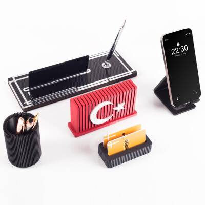 Vera Türk Bayraklı Gümüş Ahşap Masa İsimliği Seti Çizgi Desenli Ofis Dekoratif Masa üstü İsimlik - 4