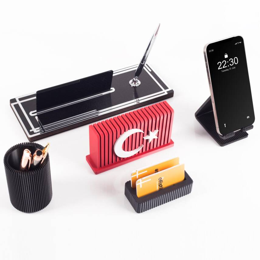 Vera Türk Bayraklı Gümüş Ahşap Masa İsimliği Seti Çizgi Desenli Ofis Dekoratif Masa üstü İsimlik - 4