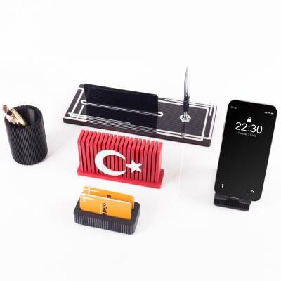 Vera Türk Bayraklı Gümüş Ahşap Masa İsimliği Seti Çizgi Desenli Ofis Dekoratif Masa üstü İsimlik - 2