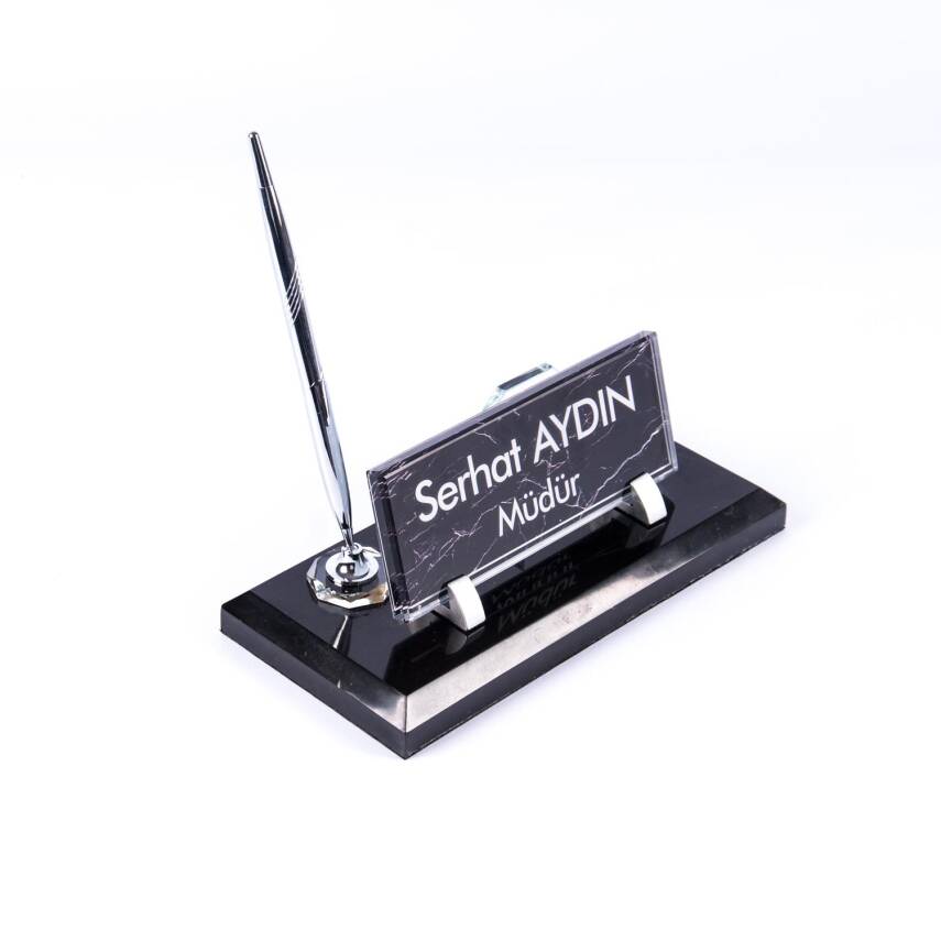 Vita Mermer İsimlik Siyah Desenli Ofis Masa Üstü İsimliği Gerçek Mermer Lüks Ofis Seti Masa hediye - 1