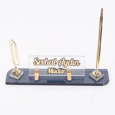 Viva Ataçlı Tek Kalemli Kristal Kabartma Masa İsimliği Ofis Hediyesi Cam Ofis Şık Masalık İsme Özel - 2