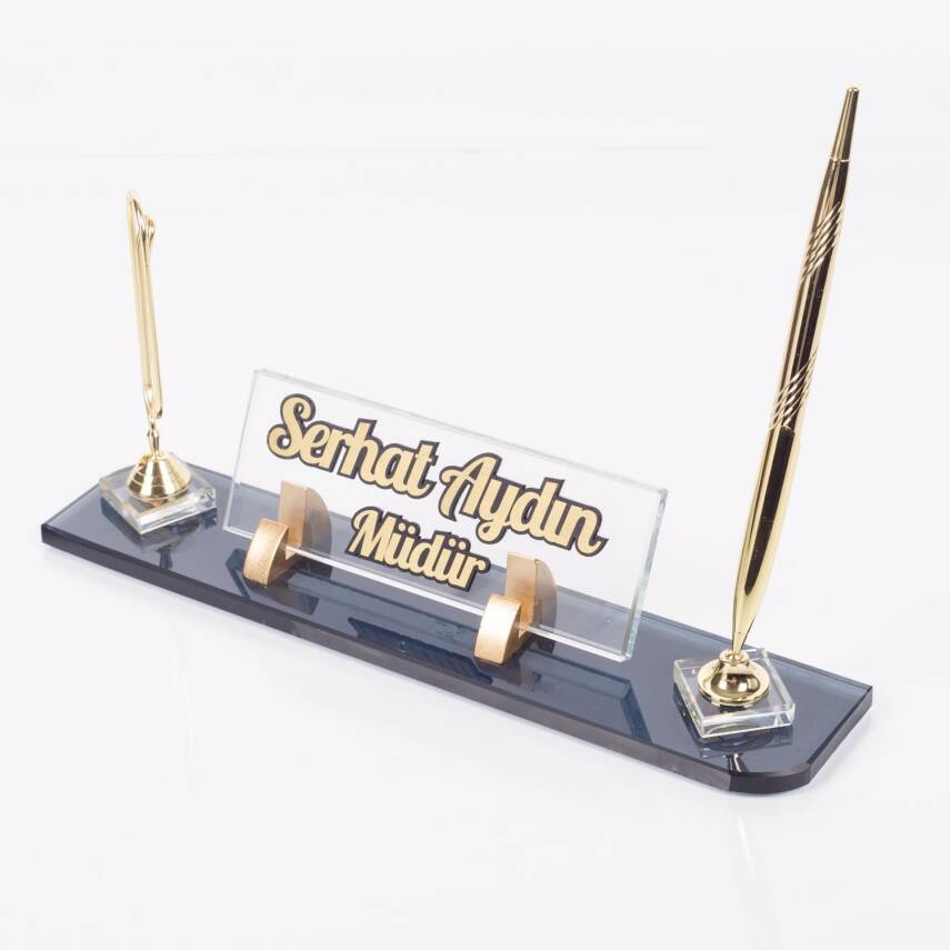 Viva Ataçlı Tek Kalemli Kristal Kabartma Masa İsimliği Ofis Hediyesi Cam Ofis Şık Masalık İsme Özel - 3