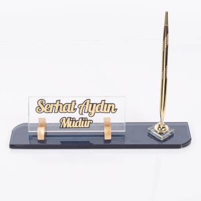 Viva Tek Kalemli Kristal Kabartma Masa İsimliği Ofis Hediyesi Masa Üstü Cam İsimlik 