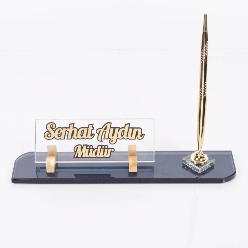 Viva Tek Kalemli Kristal Kabartma Masa İsimliği Ofis Hediyesi Masa Üstü Cam İsimlik - 1